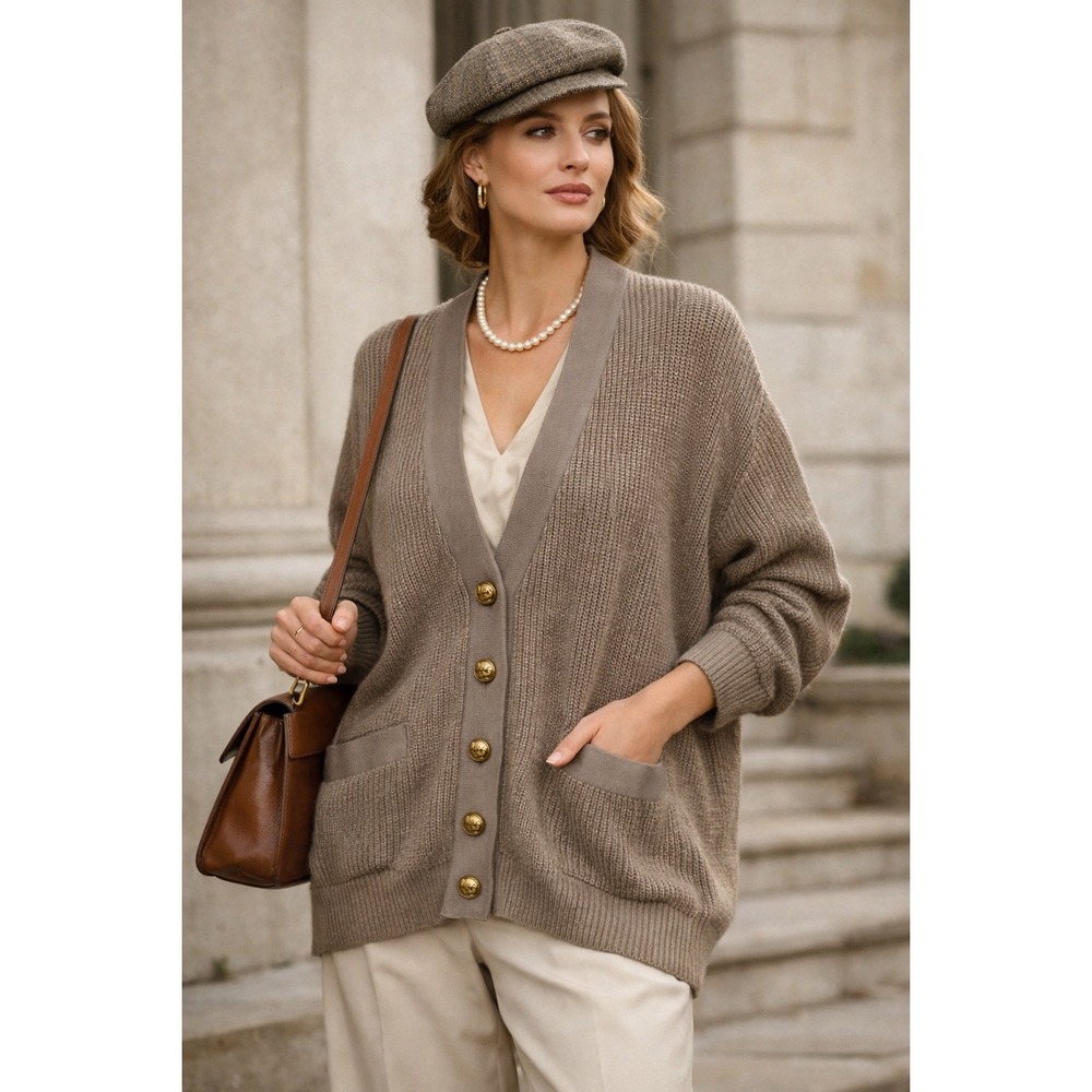 Jaeger London Made‎ UK Knit Cardigan Gold Crest Buttons Taupe Oversized M